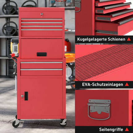 Rollender Werkzeugschrank aus Stahl, abschließbar, 6 Schubladen, 2 Schränke, Rot