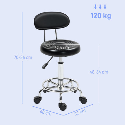 Adjustable rolling stool with backrest and wheels, black