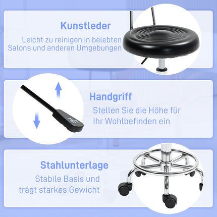 Adjustable rolling stool with backrest and wheels, black