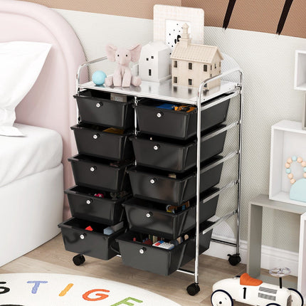 Pojízdný úložný vozík s 10 zásuvkami, černý, kovový rám