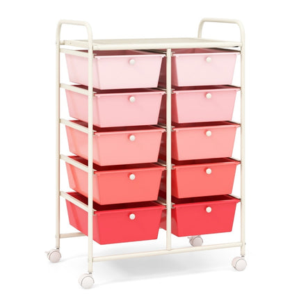 Rolling Storage Cart with 10 Drawers, Pink, Lockable Wheels