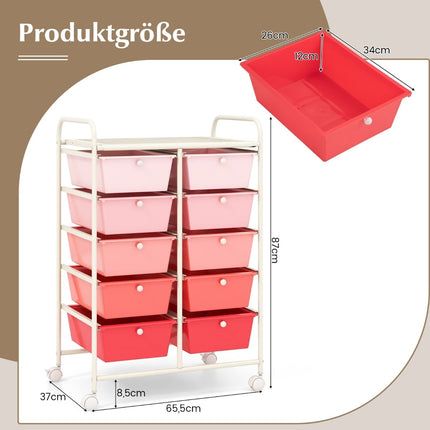 Rolling Storage Cart with 10 Drawers, Pink, Lockable Wheels