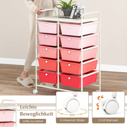 Rolling Storage Cart with 10 Drawers, Pink, Lockable Wheels