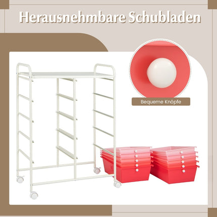 Rolling Storage Cart with 10 Drawers, Pink, Lockable Wheels