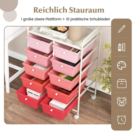 Rolling Storage Cart with 10 Drawers, Pink, Lockable Wheels