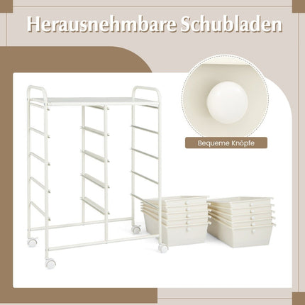 Rollcontainer mit 10 Schubladen, Weiß, mobiler Organizer