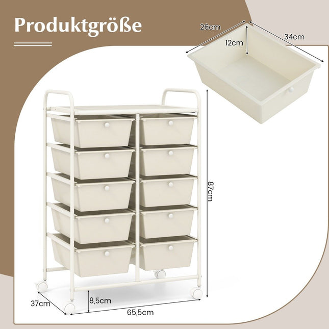 Rollcontainer mit 10 Schubladen, Weiß, mobiler Organizer