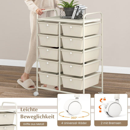 Rollcontainer mit 10 Schubladen, Weiß, mobiler Organizer