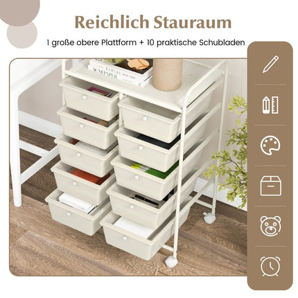 Rollcontainer mit 10 Schubladen, Weiß, mobiler Organizer
