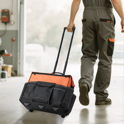 Rolling Tool Bag With Wheels, 27 Pockets, 110 Lb Capacity