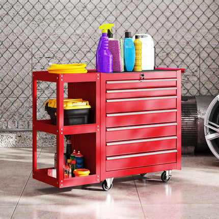 Rolling Tool Cabinet with 7 Drawers, Removable Shelf, Red