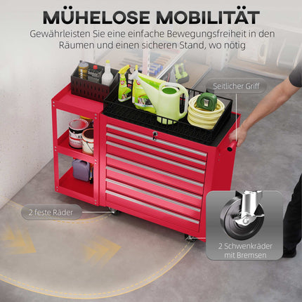 Rolling Tool Cabinet with 7 Drawers, Removable Shelf, Red