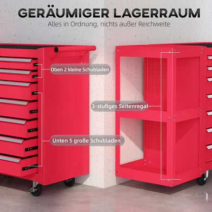 Rolling Tool Cabinet with 7 Drawers, Removable Shelf, Red