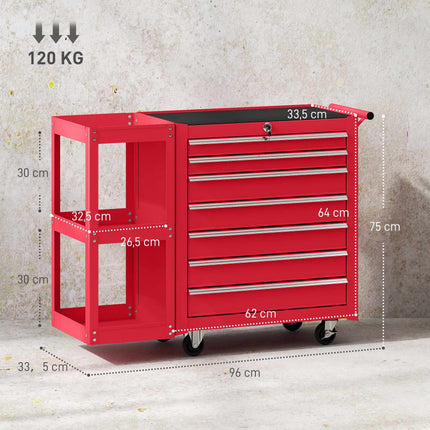 Rolling Tool Cabinet with 7 Drawers, Removable Shelf, Red