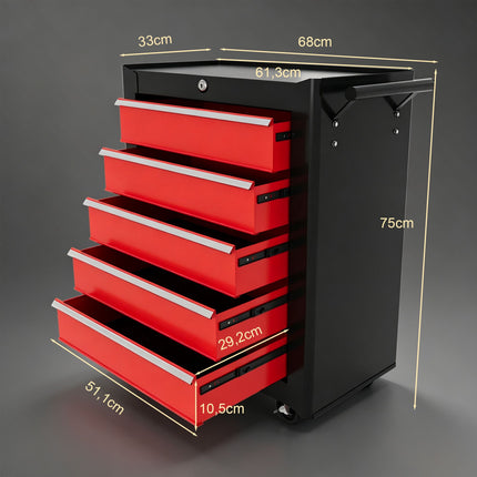 Rolling Tool Chest, 5 Drawers, Steel, Black/Red