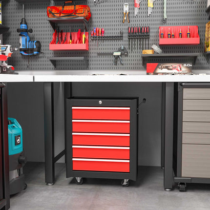 Rolling Tool Chest, 5 Drawers, Steel, Black/Red