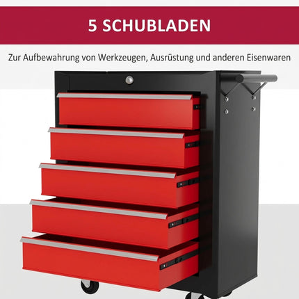 Rolling Tool Chest, 5 Drawers, Steel, Black/Red