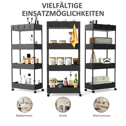 4patrový pojízdný kuchyňský vozík na kolečkách, černý plast