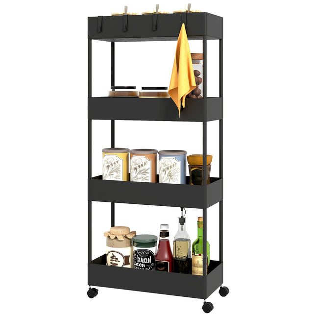 Rolwagen, keukenplank met 4 niveaus, opbergrek met wielen, keukenwagen met rem, serveerwagen voor keuken, slaapkamer, woonkamer, kunststof, zwart, 40 x 19 x 90 cm | Aosoom