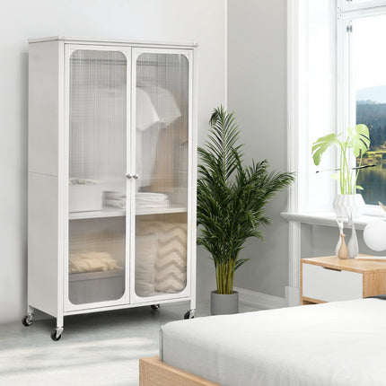 Rolling Wardrobe Closet, Hanging Rod, Shelf, White