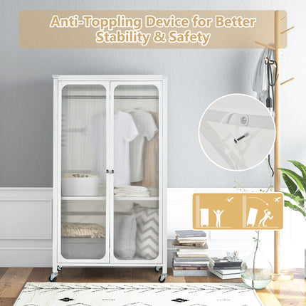 Rolling Wardrobe Closet, Hanging Rod, Shelf, White