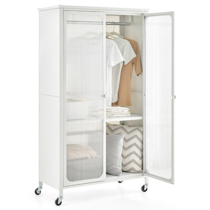 Rolling Wardrobe Closet, Hanging Rod, Shelf, White