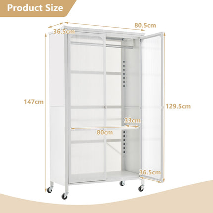 Rolling Wardrobe Closet, Hanging Rod, Shelf, White