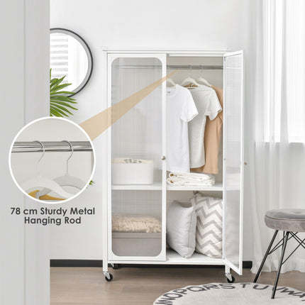 Rolling Wardrobe Closet, Hanging Rod, Shelf, White