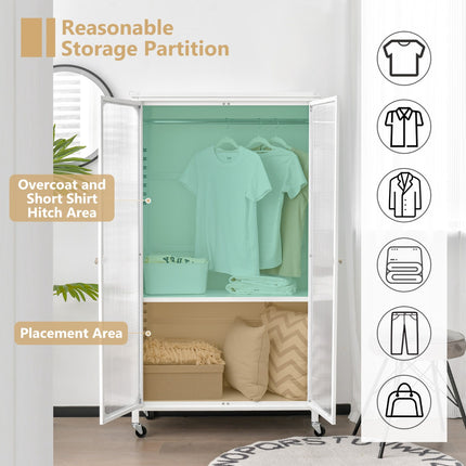 Rolling Wardrobe Closet, Hanging Rod, Shelf, White
