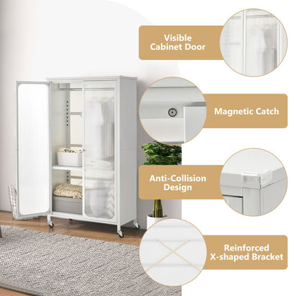 Rolling Wardrobe Closet, Hanging Rod, Shelf, White