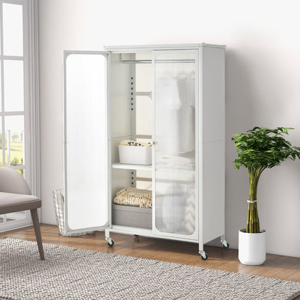 Rolling Wardrobe Closet, Hanging Rod, Shelf, White