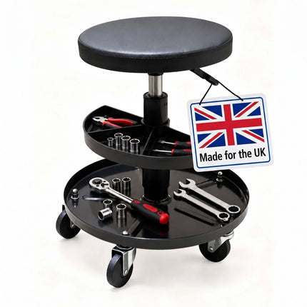 Rolling Workshop Stool with 2-Tier Tool Storage, 42–56 cm, Max 120 kg, Black