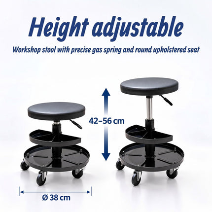 Rolling Workshop Stool with 2-Tier Tool Storage, 42–56 cm, Max 120 kg, Black