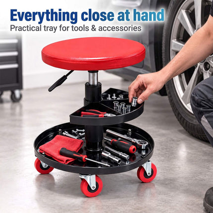 Rolling Workshop Stool with 2-Tier Tool Storage, 42–56 cm, Max 120 kg, Black