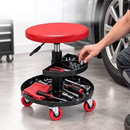 Rolling Workshop Stool with 2-Tier Tool Storage, 42–56 cm, Max 120 kg, Red