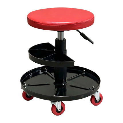 Rolling Workshop Stool with 2-Tier Tool Storage, 42–56 cm, Max 120 kg, Red