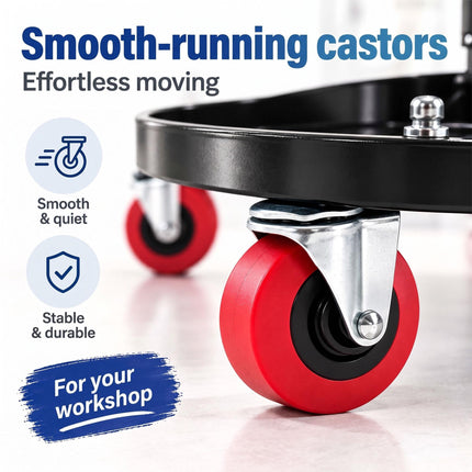 Rolling Workshop Stool with 2-Tier Tool Storage, 42–56 cm, Max 120 kg, Red