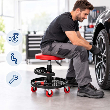 Rolling Workshop Stool with 2-Tier Tool Storage, 42–56 cm, Max 120 kg, Red