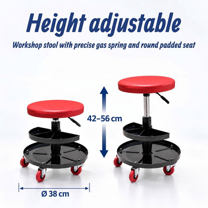 Rolling Workshop Stool with 2-Tier Tool Storage, 42–56 cm, Max 120 kg, Red