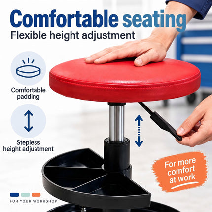 Rolling Workshop Stool with 2-Tier Tool Storage, 42–56 cm, Max 120 kg, Red