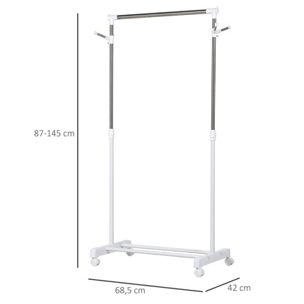 Rolling coat rack, height-adjustable, with lower shelf, 4 wheels, white