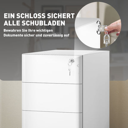 Weißer mobiler Rollcontainer aus Stahl mit 3 abschließbaren Schubladen