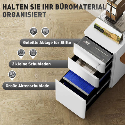 Weißer mobiler Rollcontainer aus Stahl mit 3 abschließbaren Schubladen