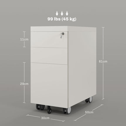Rollcontainer mit 3 Schubladen und Schloss, 30x50x61cm, weiß