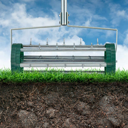 Rolling lawn aerator with handle