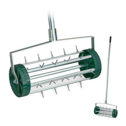 Rolling lawn aerator with handle