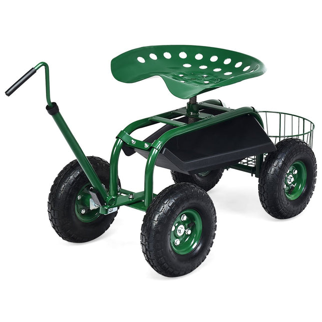 Rollsitz mit Rädern &amp; Ausziehbarem Griff &amp; Korb 360° drehbarer Gartenwagen Gartensitz 96,5 x 47,5 x 47-55 cm