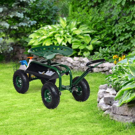 Rollsitz mit Rädern &amp; Ausziehbarem Griff &amp; Korb 360° drehbarer Gartenwagen Gartensitz 96,5 x 48,5 x 45,5-54,5 cm