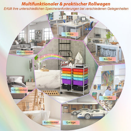 Rollwagen Metallgestell Rollcontainer 12 Schubladen Badezimmerwagen mit Bremse Mehrfarbig