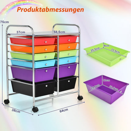 Rollwagen Metallgestell Rollcontainer 12 Schubladen Badezimmerwagen mit Bremse Mehrfarbig